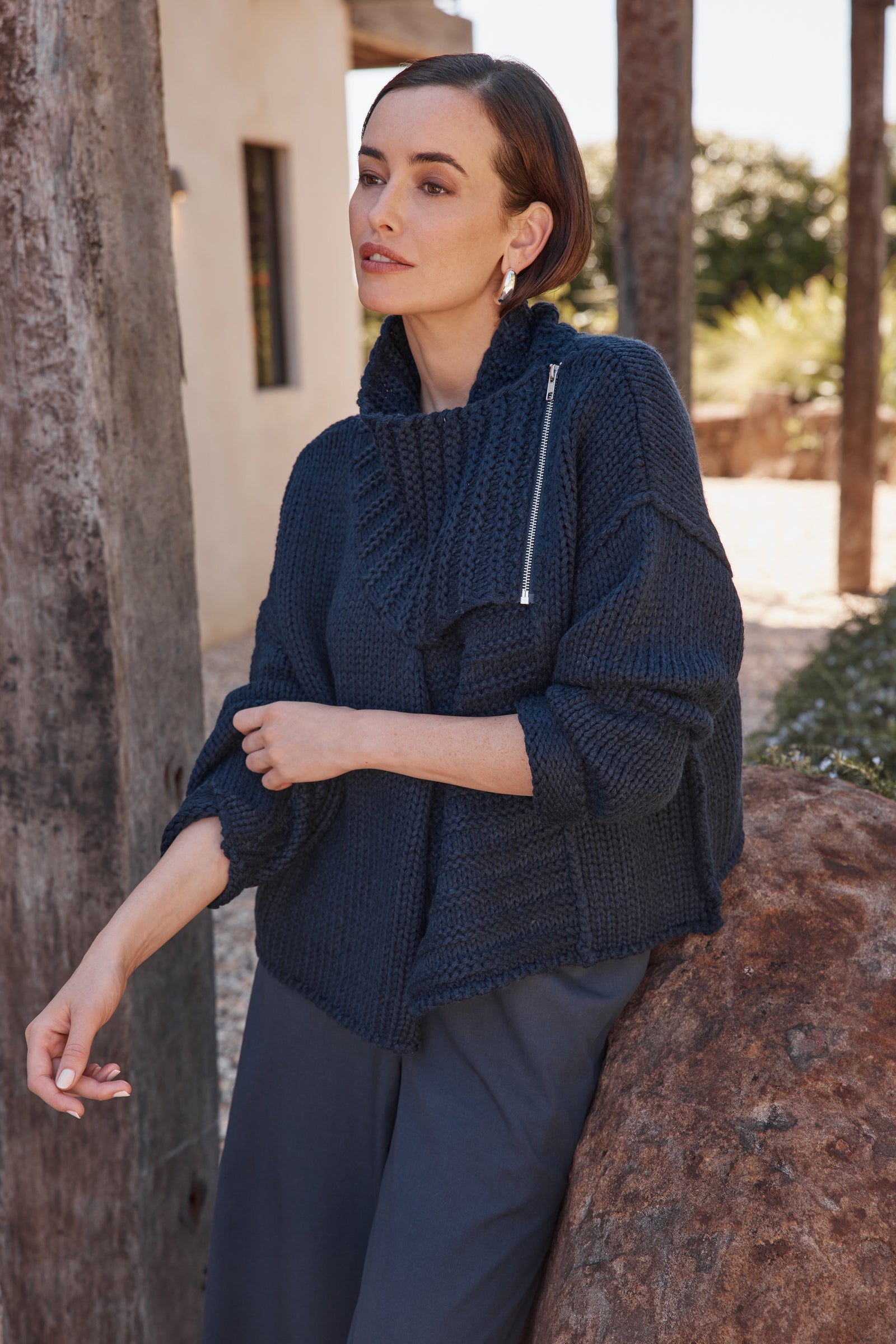 Long Sleeve Zip Collar Cardigan & Merino Knit Cardi Navy