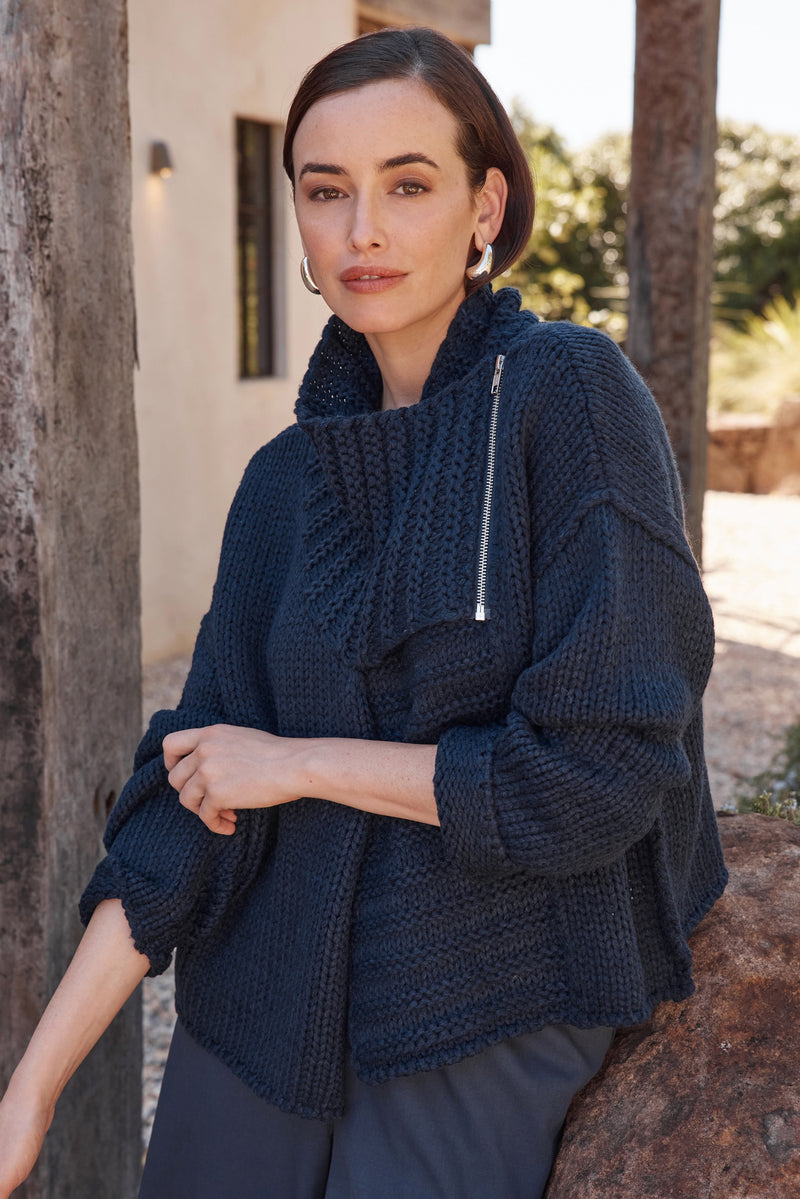 Long Sleeve Zip Collar Cardigan & Merino Knit Cardi Navy