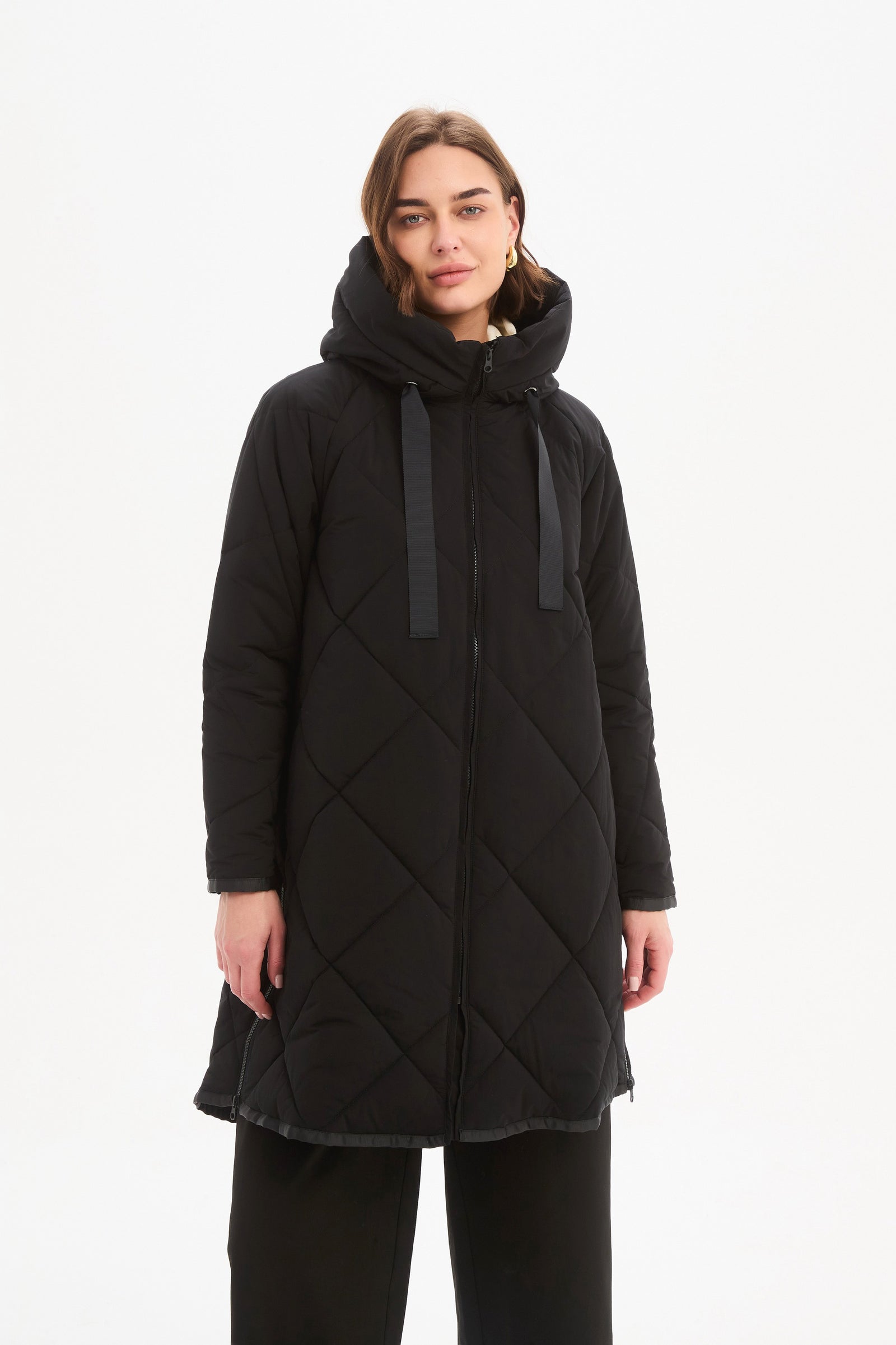 Women's Quilted Longline Puffer Jacket | Zip Hem Winter Coat Black hood up