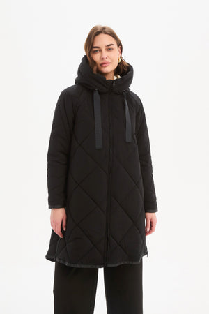 Women's Quilted Longline Puffer Jacket | Zip Hem Winter Coat Black hood down