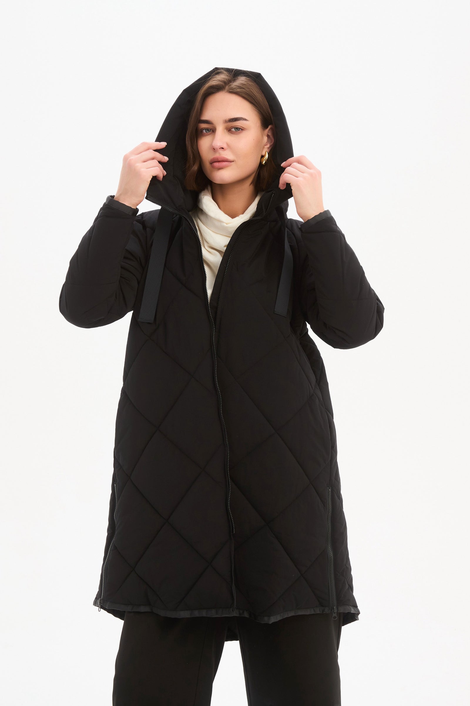 Women's Quilted Longline Puffer Jacket | Zip Hem Winter Coat Black hood up