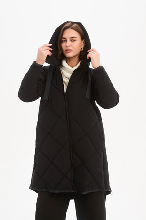 Women's Quilted Longline Puffer Jacket | Zip Hem Winter Coat Black hood up