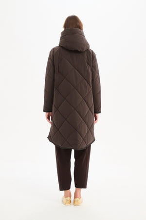Women's Quilted Longline Puffer Jacket | Zip Hem Winter Coat Chocolate back