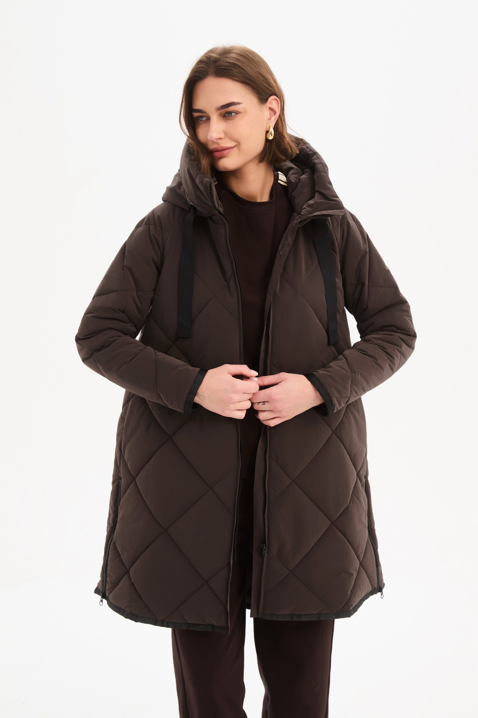 Women's Quilted Longline Puffer Jacket | Zip Hem Winter Coat Chocolate