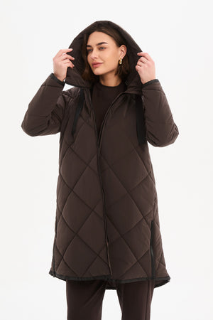 Women's Quilted Longline Puffer Jacket | Zip Hem Winter Coat Chocolate hood up