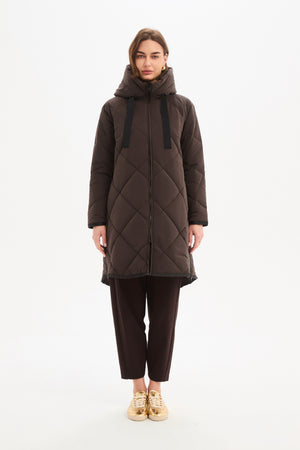 Women's Quilted Longline Puffer Jacket | Zip Hem Winter Coat Chocolate front