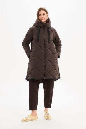 Women's Quilted Longline Puffer Jacket | Zip Hem Winter Coat Chocolate pockets