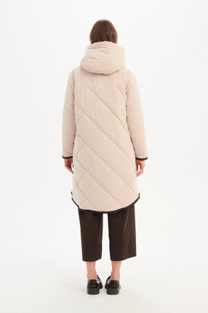 Women's Quilted Longline Puffer Jacket | Zip Hem Winter Coat cream back