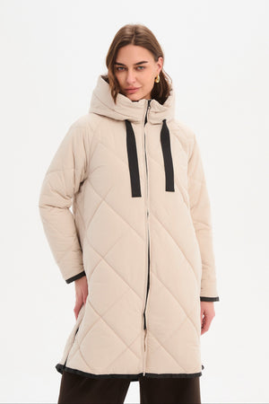 Women's Quilted Longline Puffer Jacket | Zip Hem Winter Coat cream hood down