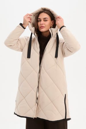 Women's Quilted Longline Puffer Jacket | Zip Hem Winter Coat cream hood up