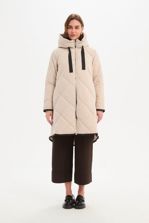 Women's Quilted Longline Puffer Jacket | Zip Hem Winter Coat cream front
