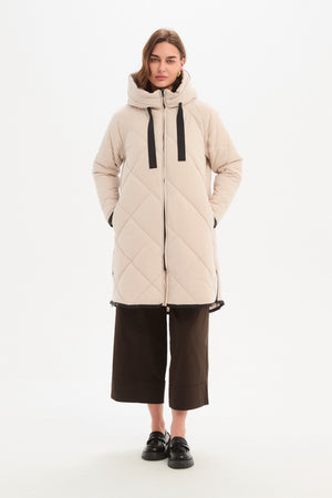 Women's Quilted Longline Puffer Jacket | Zip Hem Winter Coat Cream Pockets