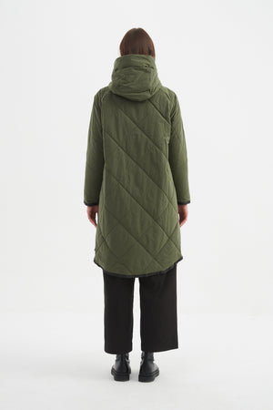 Women's Quilted Longline Puffer Jacket | Zip Hem Winter Coat Olive back