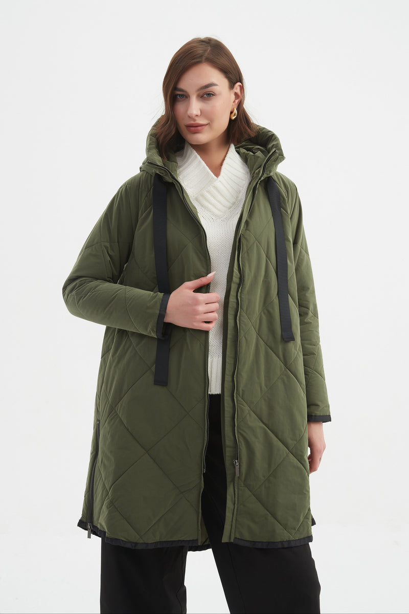 Women's Quilted Longline Puffer Jacket | Zip Hem Winter Coat Olive