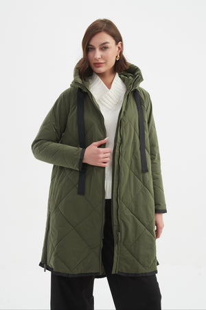Women's Quilted Longline Puffer Jacket | Zip Hem Winter Coat Olive