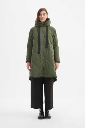 Women's Quilted Longline Puffer Jacket | Zip Hem Winter Coat Olive hood down