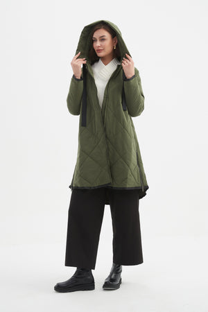 Women's Quilted Longline Puffer Jacket | Zip Hem Winter Coat Olive hood up