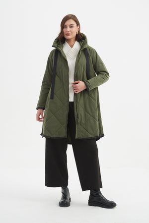 Women's Quilted Longline Puffer Jacket | Zip Hem Winter Coat Olive unzipped