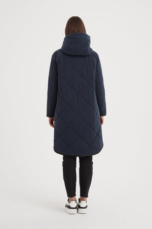 Women's Quilted Longline Puffer Jacket | Zip Hem Winter Coat Navy back