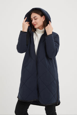 Women's Quilted Longline Puffer Jacket | Zip Hem Winter Coat Navy hood up