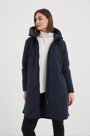 Women's Quilted Longline Puffer Jacket | Zip Hem Winter Coat Navy