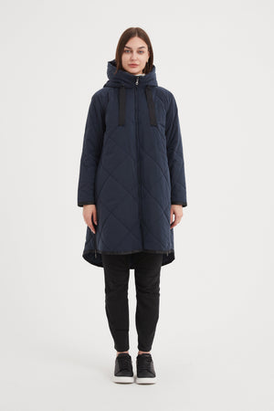 Women's Quilted Longline Puffer Jacket | Zip Hem Winter Coat Navy front