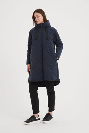 Women's Quilted Longline Puffer Jacket | Zip Hem Winter Coat Navy hood down