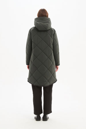 Women's Quilted Longline Puffer Jacket | Zip Hem Winter Coat steel  back