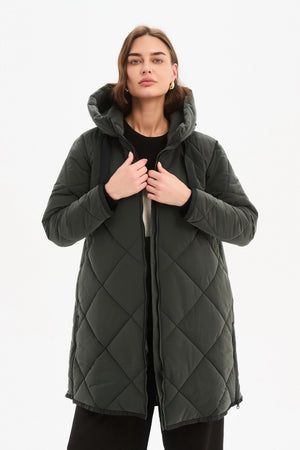 Women's Quilted Longline Puffer Jacket | Zip Hem Winter Coat steel  front 2