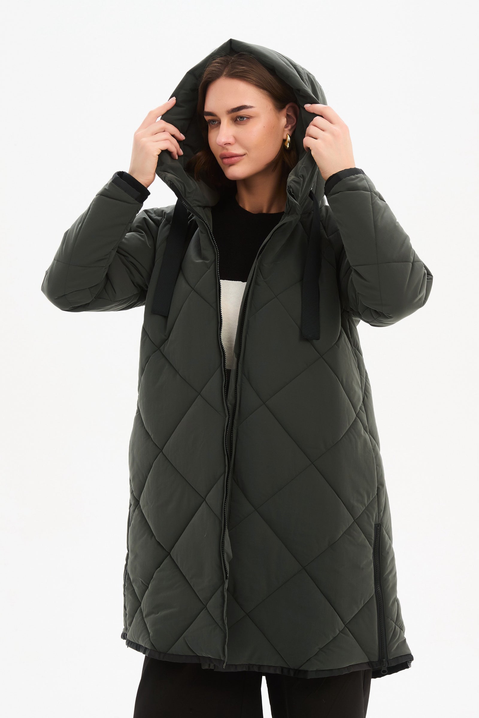 Women's Quilted Longline Puffer Jacket | Zip Hem Winter Coat steel front