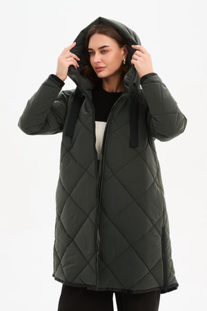 Women's Quilted Longline Puffer Jacket | Zip Hem Winter Coat steel front