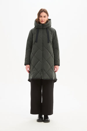 Women's Quilted Longline Puffer Jacket | Zip Hem Winter Coat steel  front 3