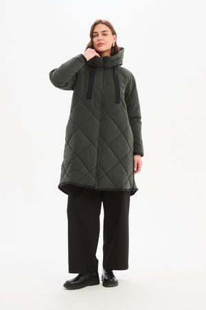 Women's Quilted Longline Puffer Jacket | Zip Hem Winter Coat steel  zipped