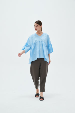 V NECK GATHER SLEEVE TOP