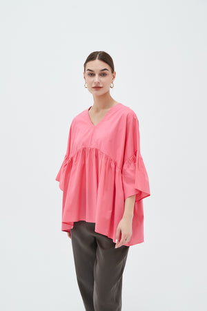 V NECK GATHER SLEEVE TOP