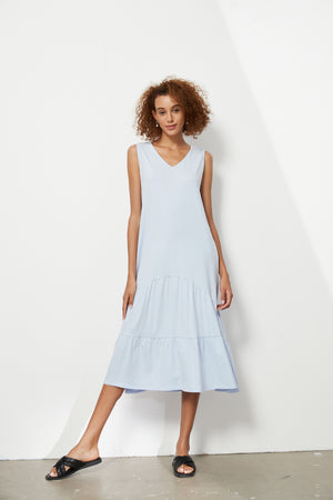 TIERED V NECK JERSEY DRESS