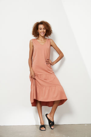 TIERED V NECK JERSEY DRESS