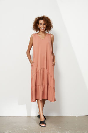 TIERED V NECK JERSEY DRESS