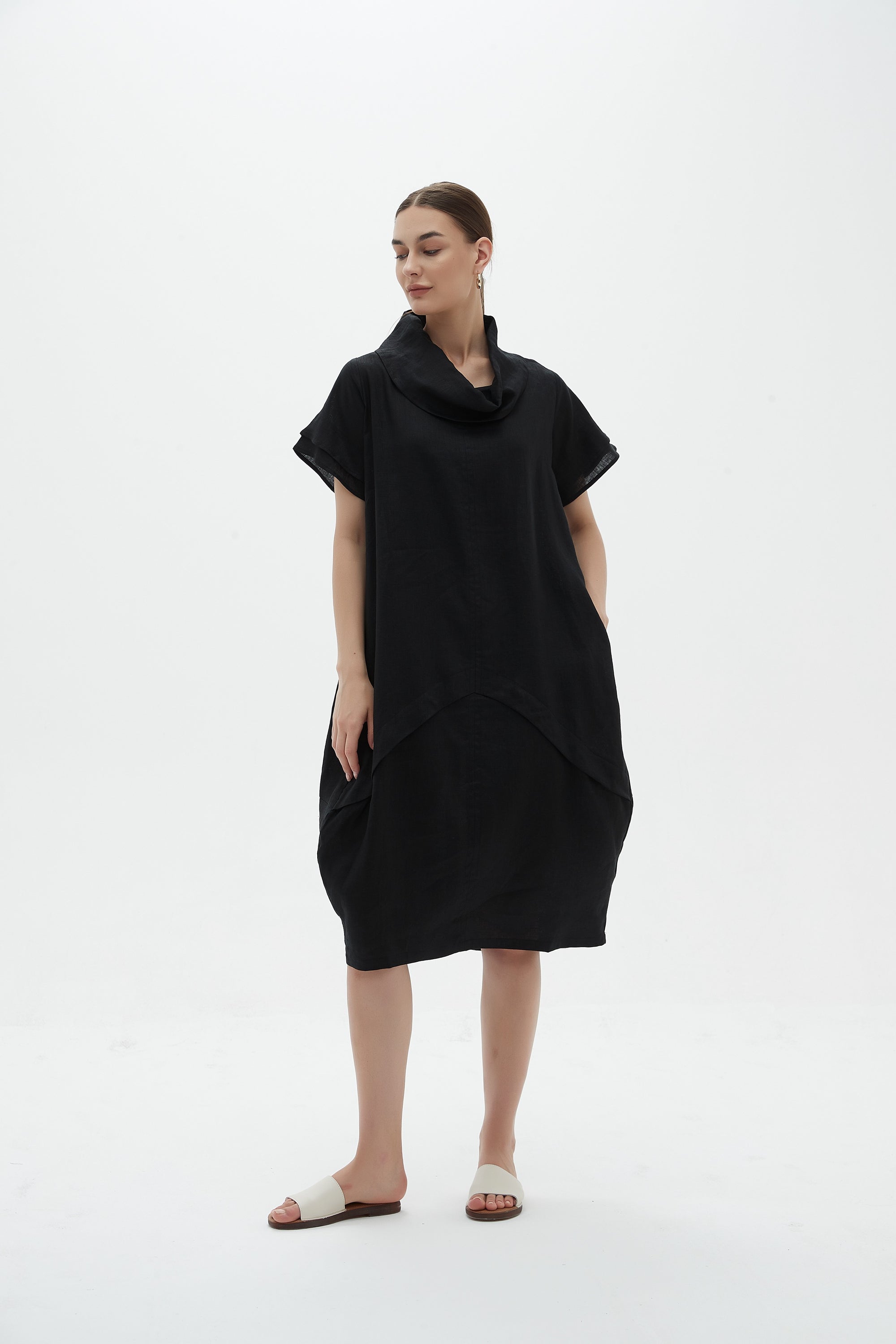 FLUTTER SLEEVE COWL NECK DRESS