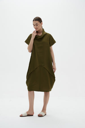 FLUTTER SLEEVE COWL NECK DRESS