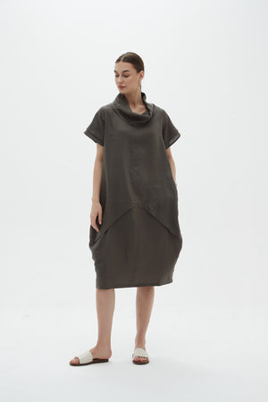 FLUTTER SLEEVE COWL NECK DRESS